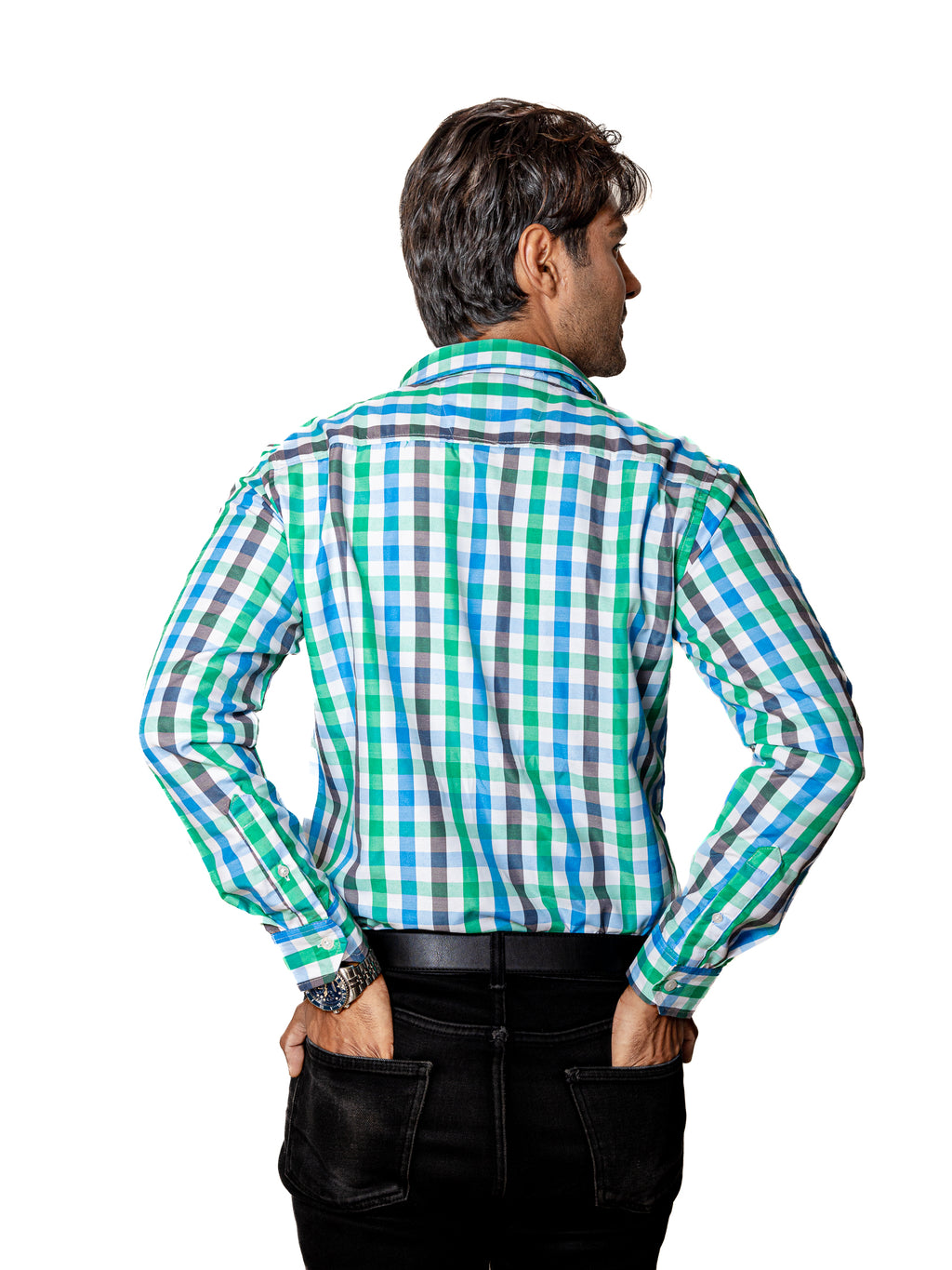 Men's Casual Shirt, Green, Gray and Blue Stripes
