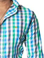 Men's Casual Shirt, Green, Gray and Blue Stripes