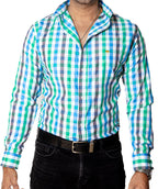 Men's Casual Shirt, Green, Gray and Blue Stripes