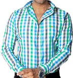 Men's Casual Shirt, Green, Gray and Blue Stripes
