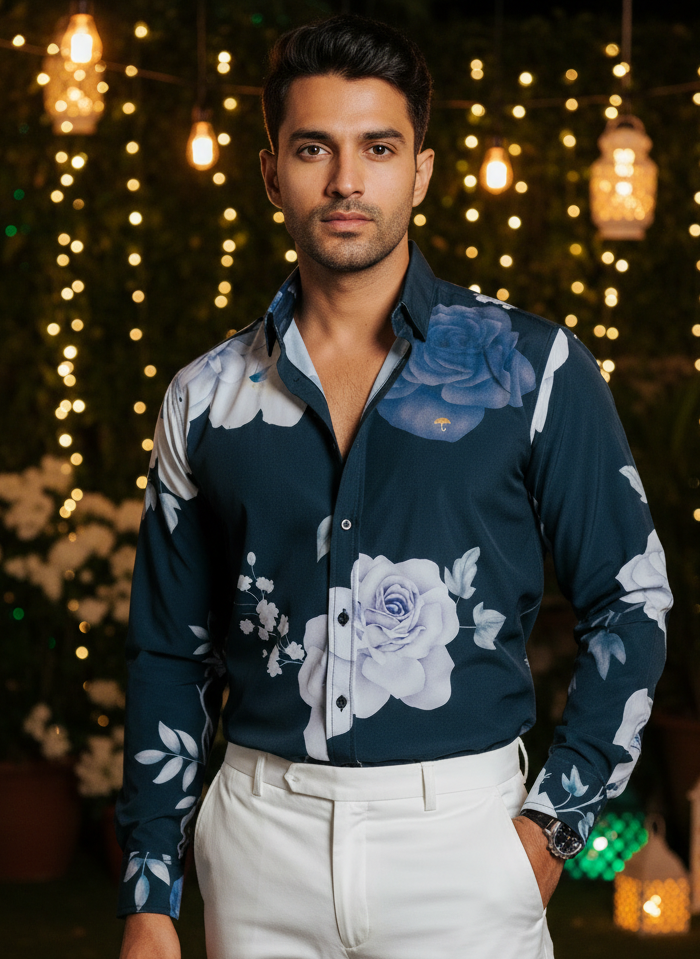 Camisa Hombre Casual Negra Rosas Moradas y Blancas