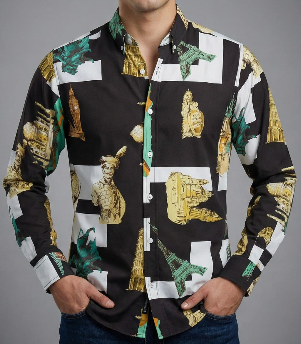 Camisa Hombre Casual Negro & Blancas estatua David Torre Eiffel