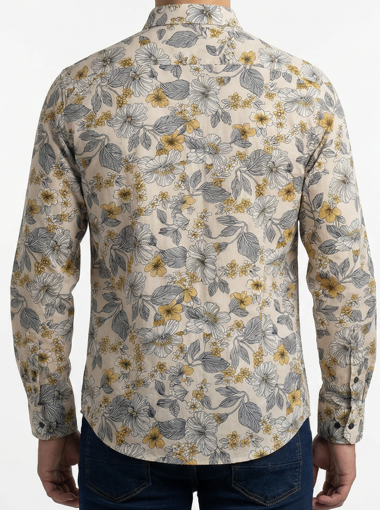 Camisa Hombre Casual Beige Flores Amarillas, Blancas