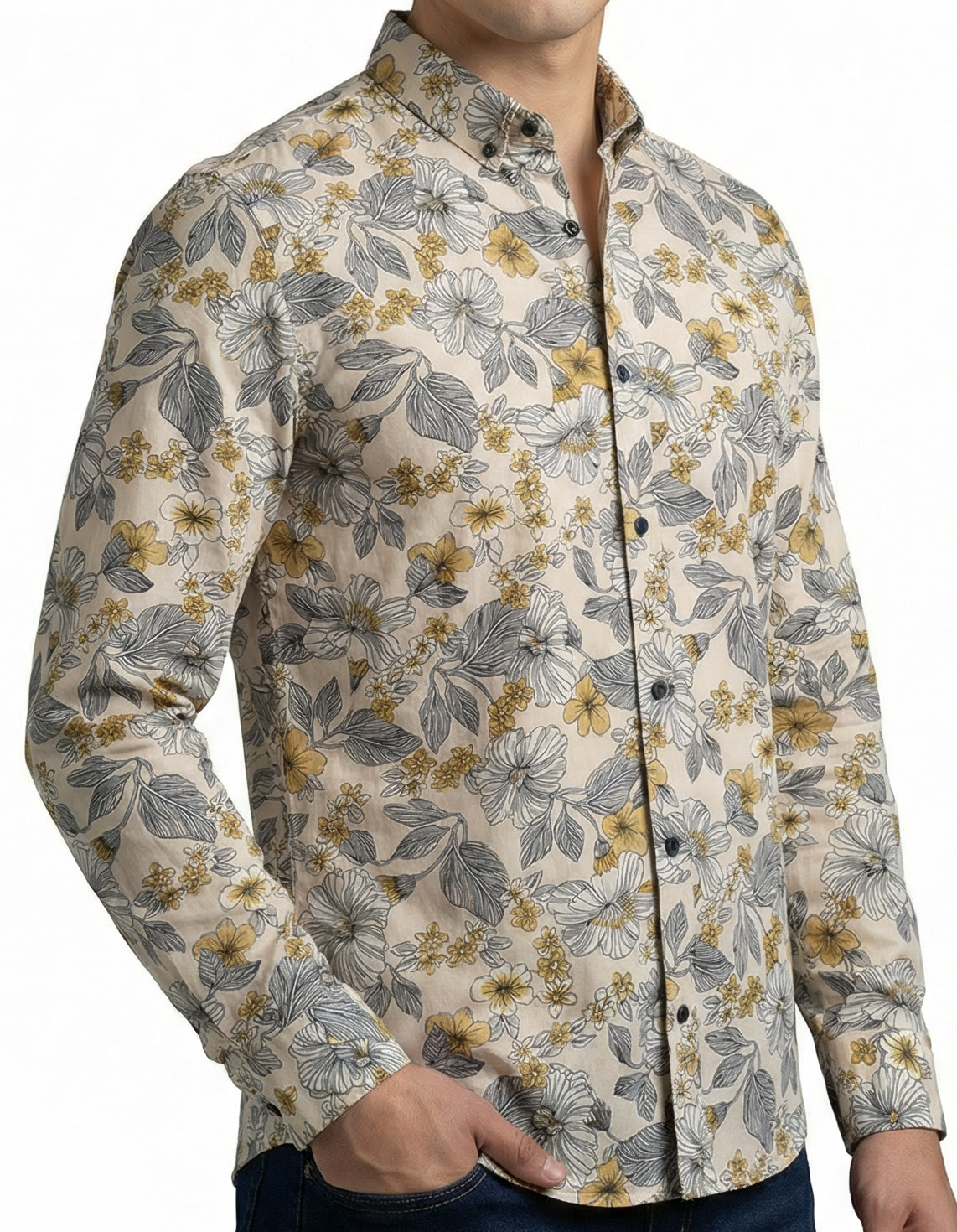 Camisa Hombre Casual Beige Flores Amarillas, Blancas