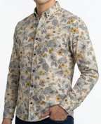 Camisa Hombre Casual Beige Flores Amarillas, Blancas
