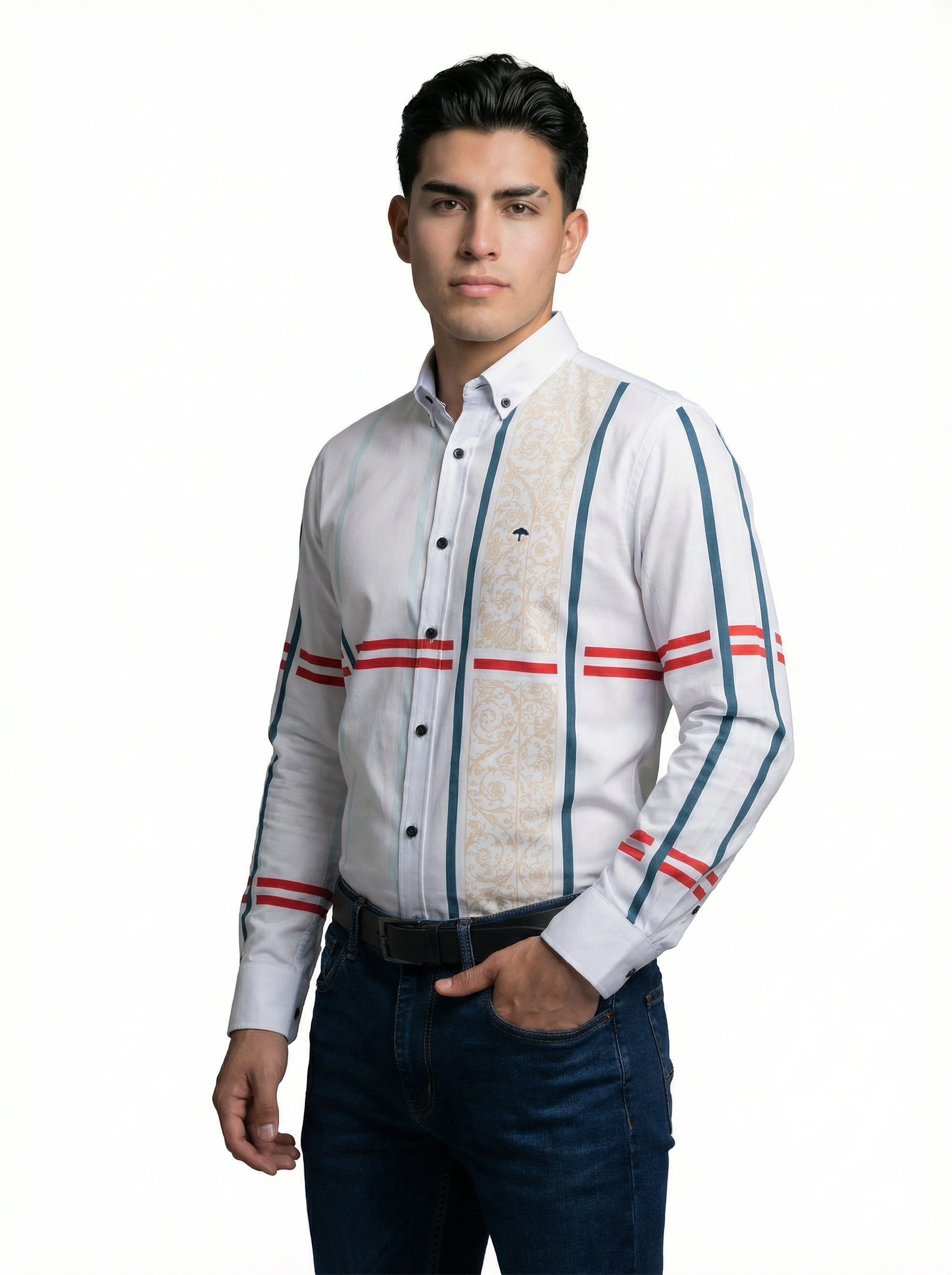 Camisa Hombre Casual Blanca Franjas Flores Azul, Rojas