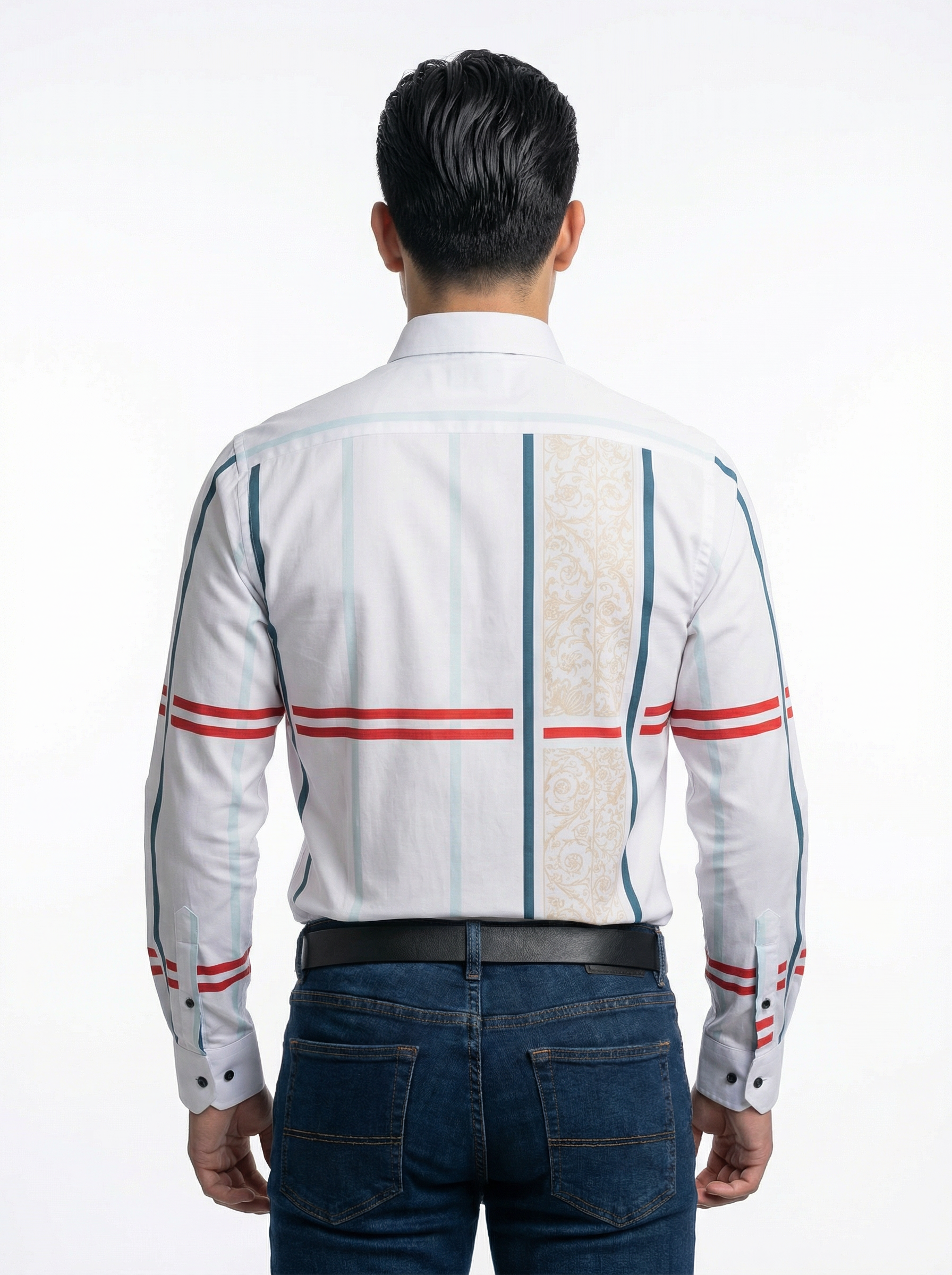 Camisa Hombre Casual Blanca Franjas Flores Azul, Rojas