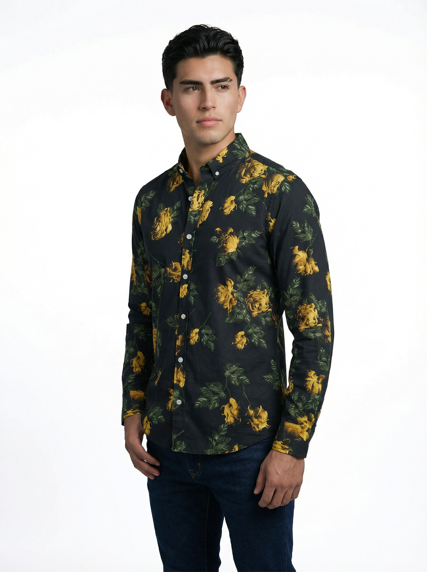 Camisa Hombre Casual Negra Rosas Doradas