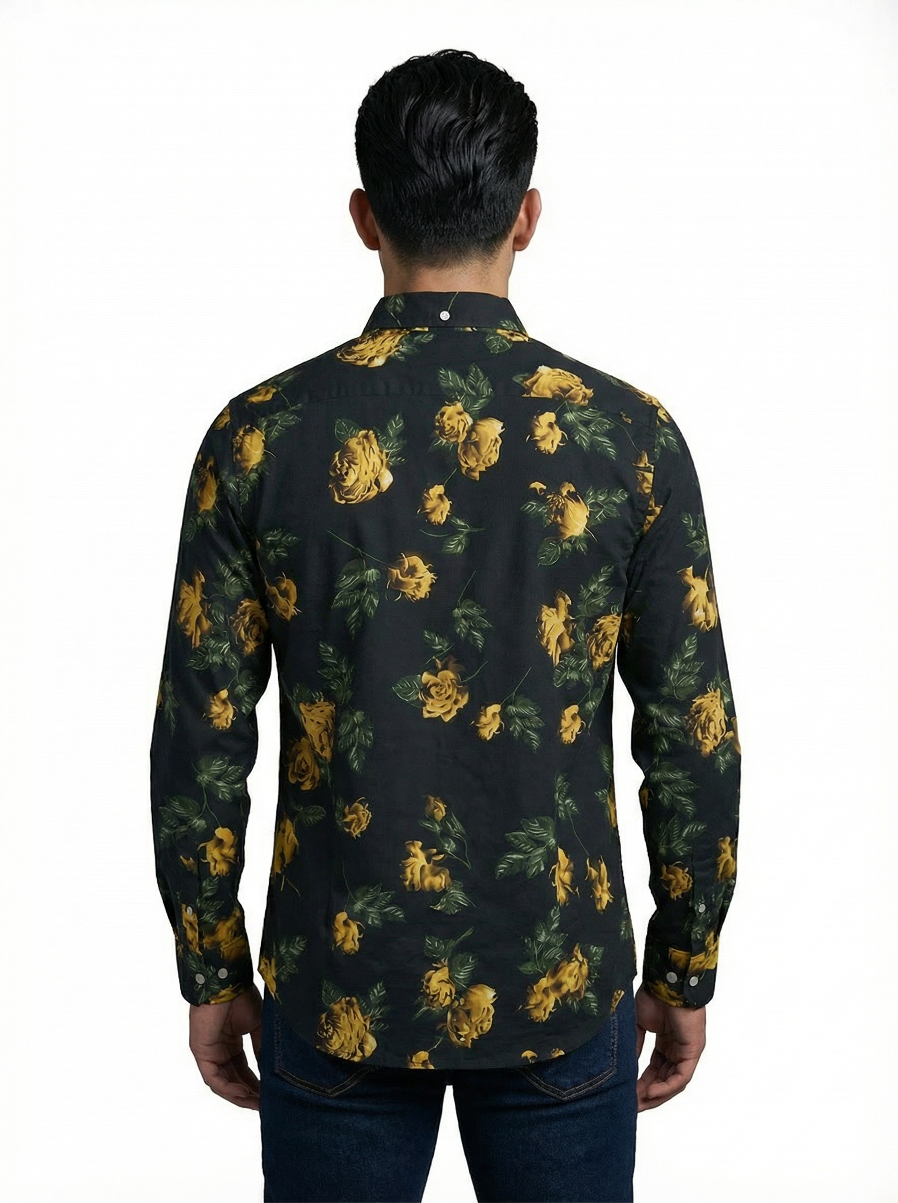 Camisa Hombre Casual Negra Rosas Doradas