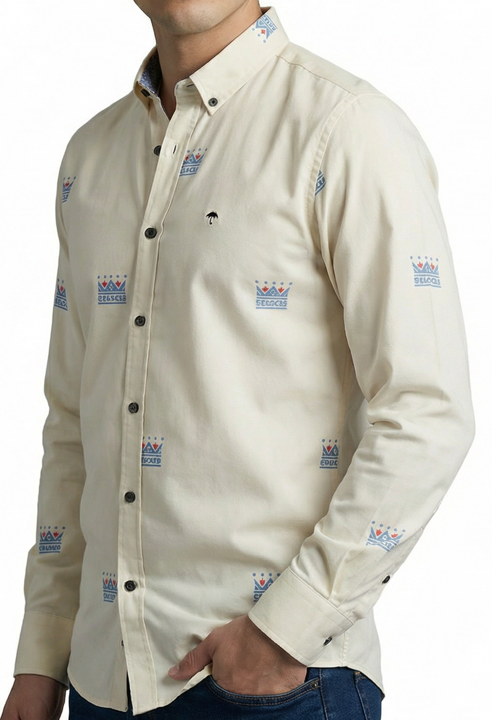 Camisa Hombre Casual Beige Mini Figuras Coronas