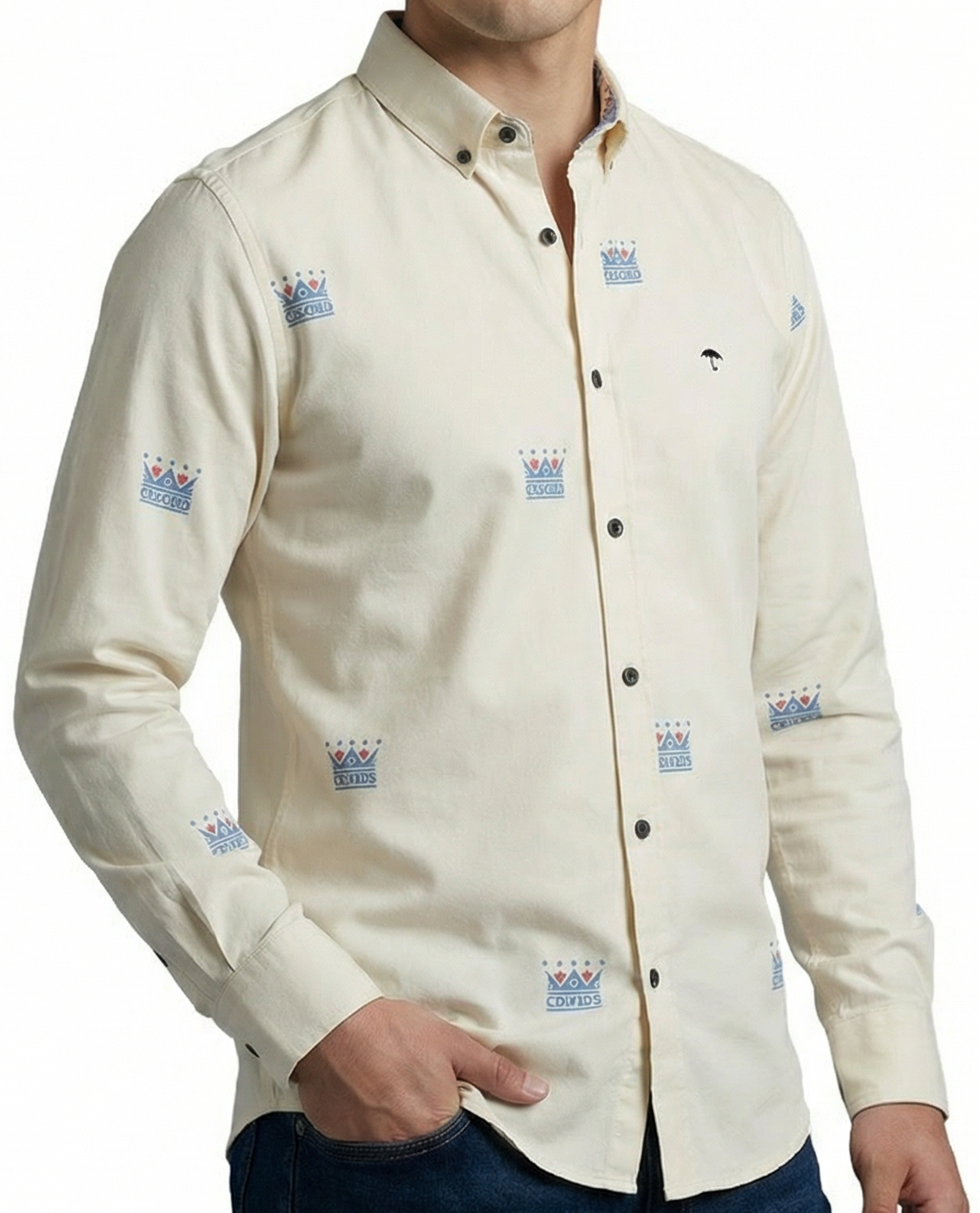Camisa Hombre Casual Beige Mini Figuras Coronas