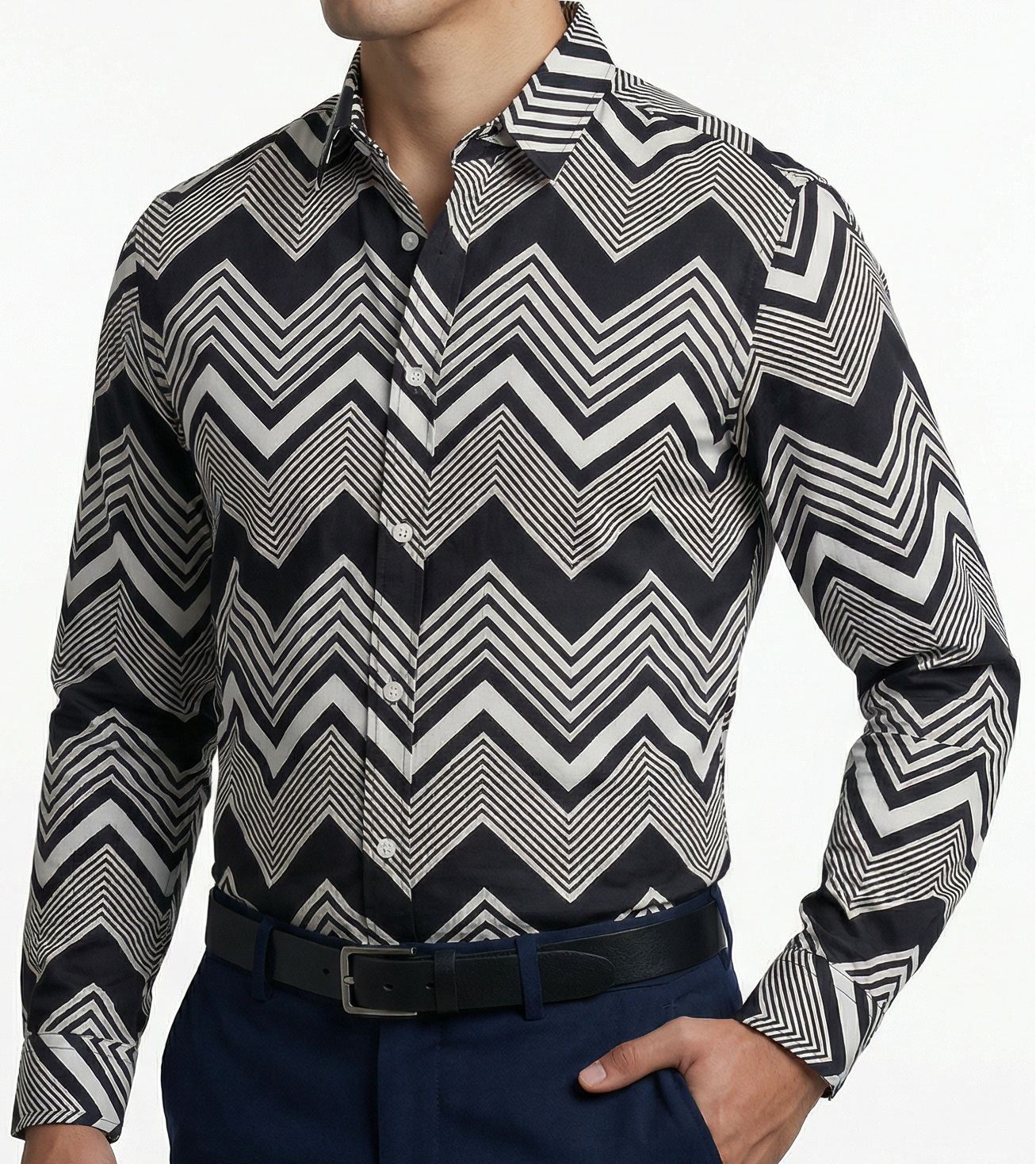Camisa Hombre Casual Franjas Diagonales Negras, Blancas