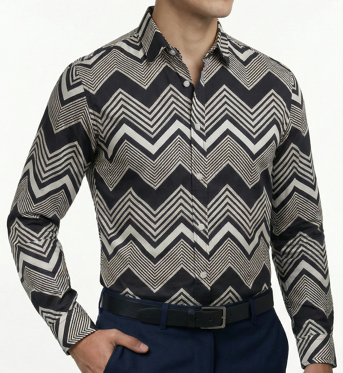 Camisa Hombre Casual Franjas Diagonales Negras, Blancas
