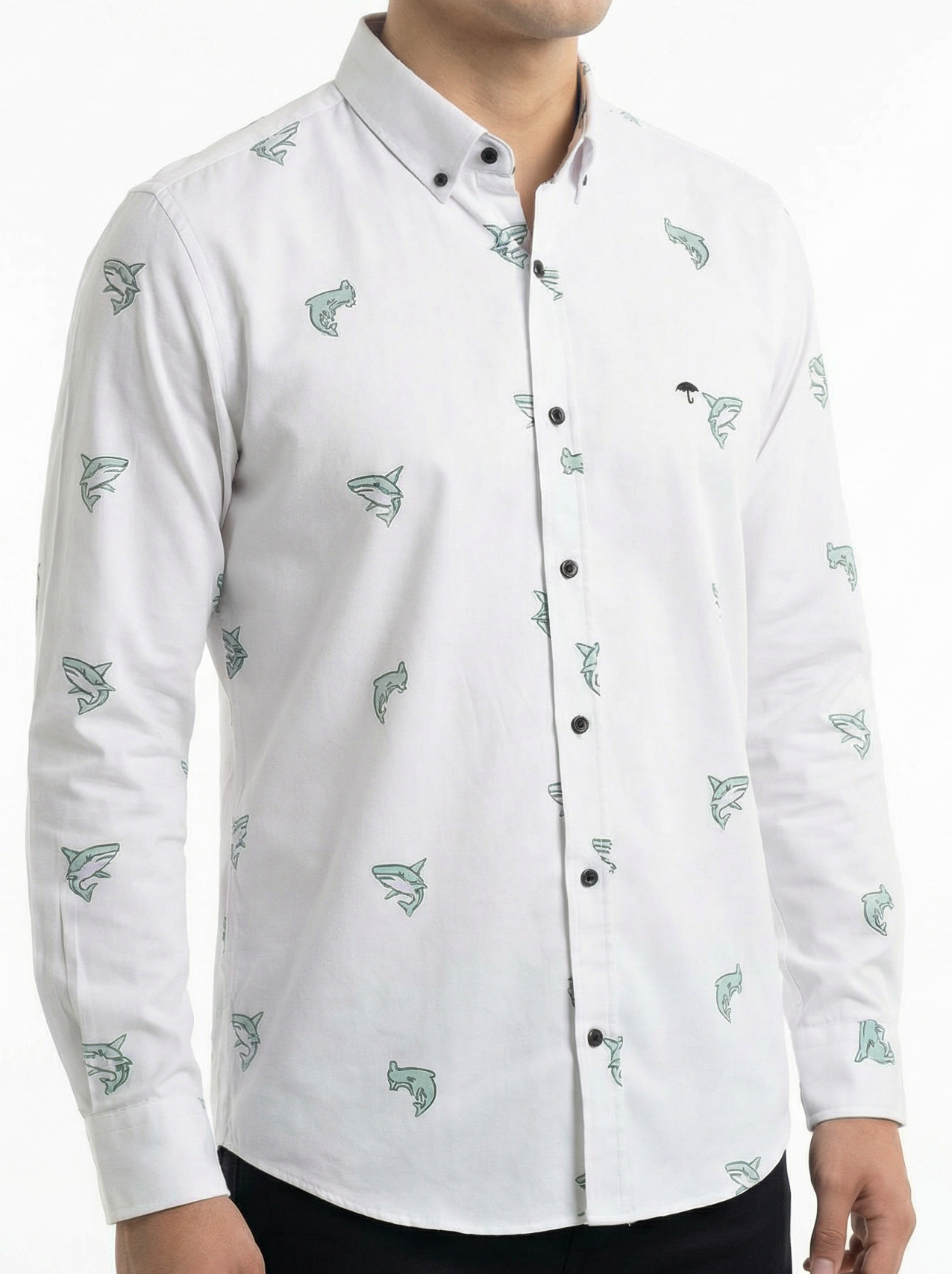 Camisa Hombre Casual Blanca Mini Figuras Tiburones