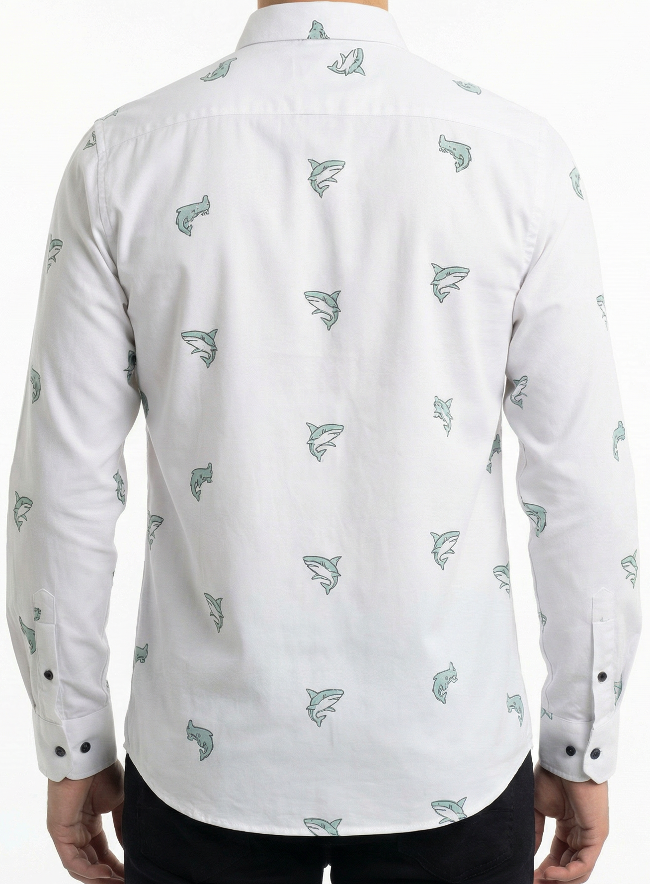 Camisa Hombre Casual Blanca Mini Figuras Tiburones