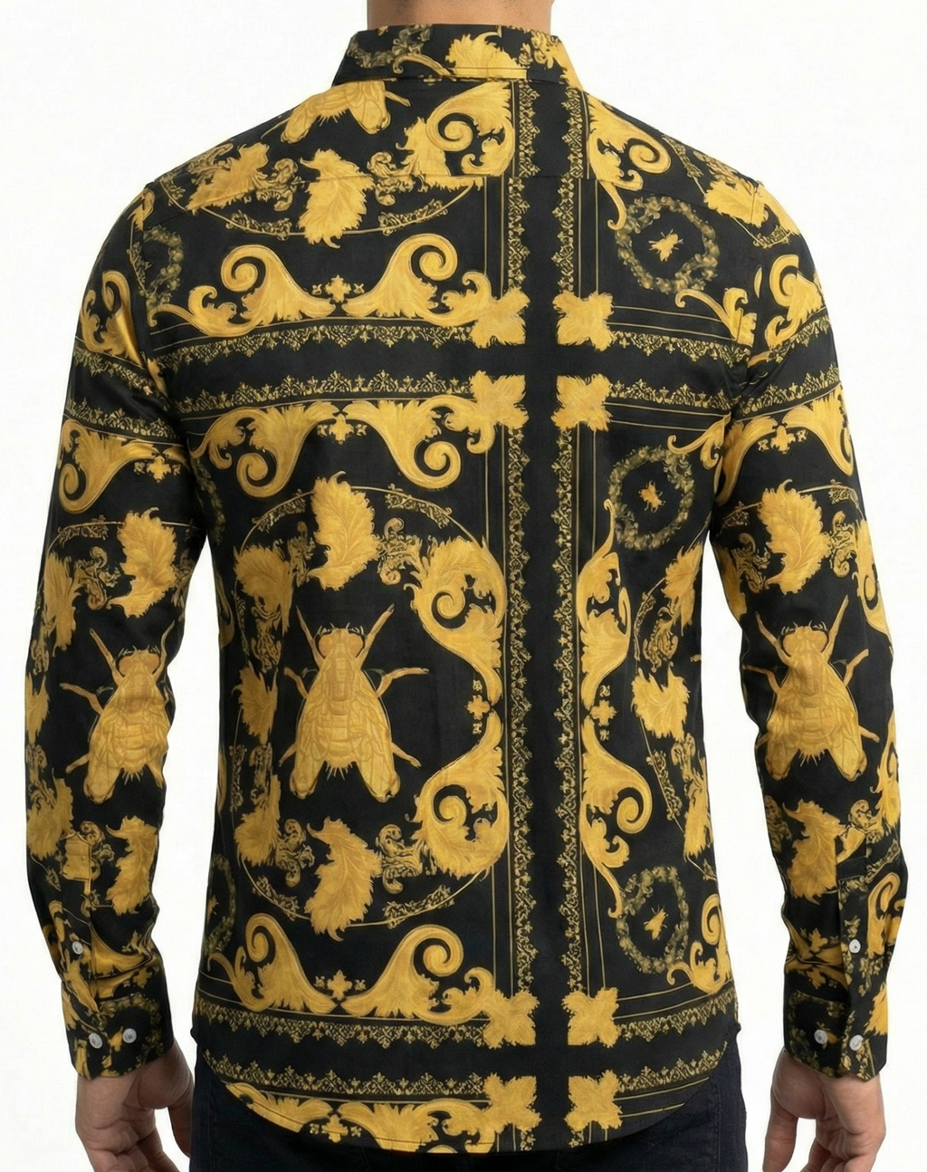 Camisa Hombre Casual Negra Floreada Insecto Dorado Barroco