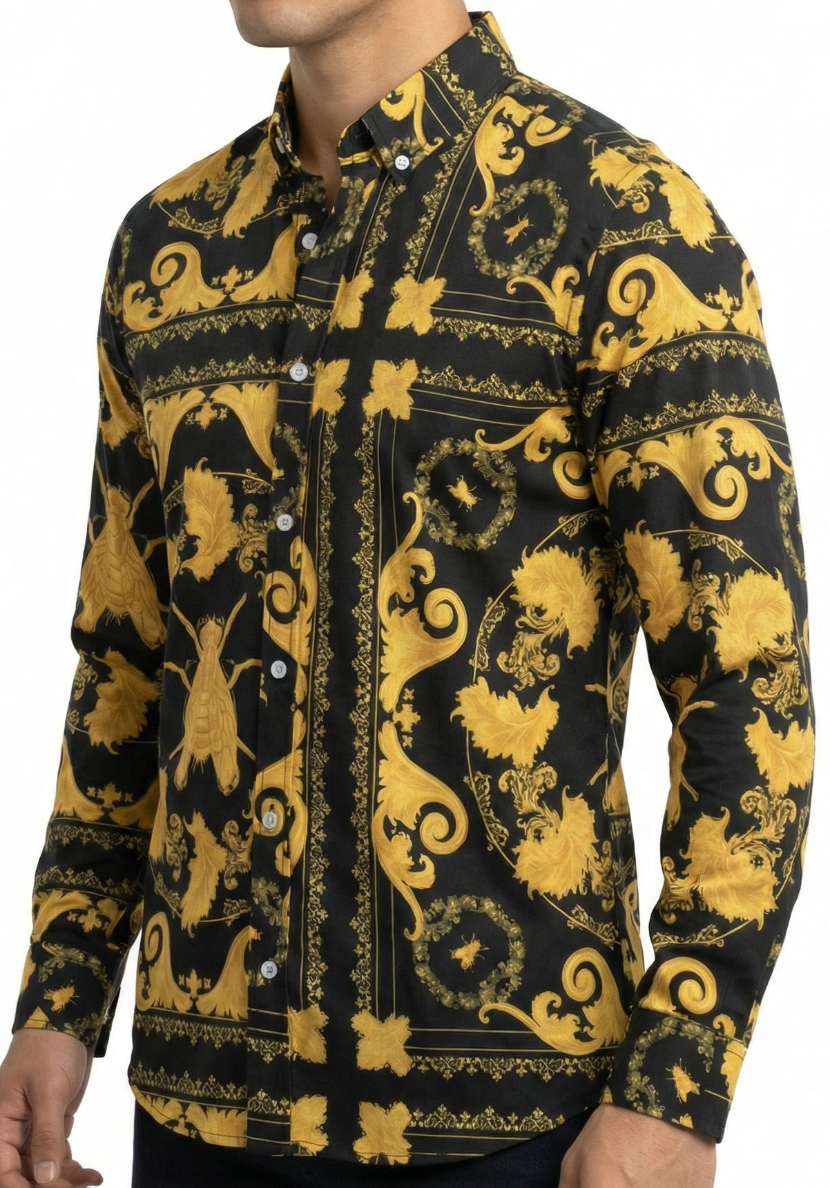 Camisa Hombre Casual Negra Floreada Insecto Dorado Barroco