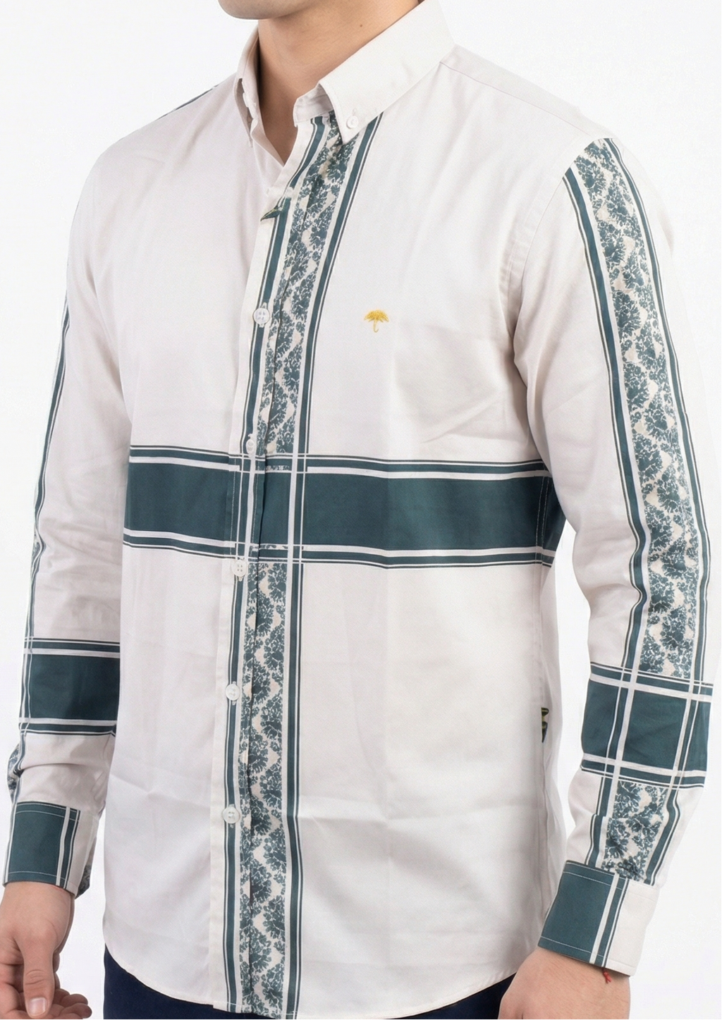 Camisa Hombre Casual Beige Franjas Azul Marino