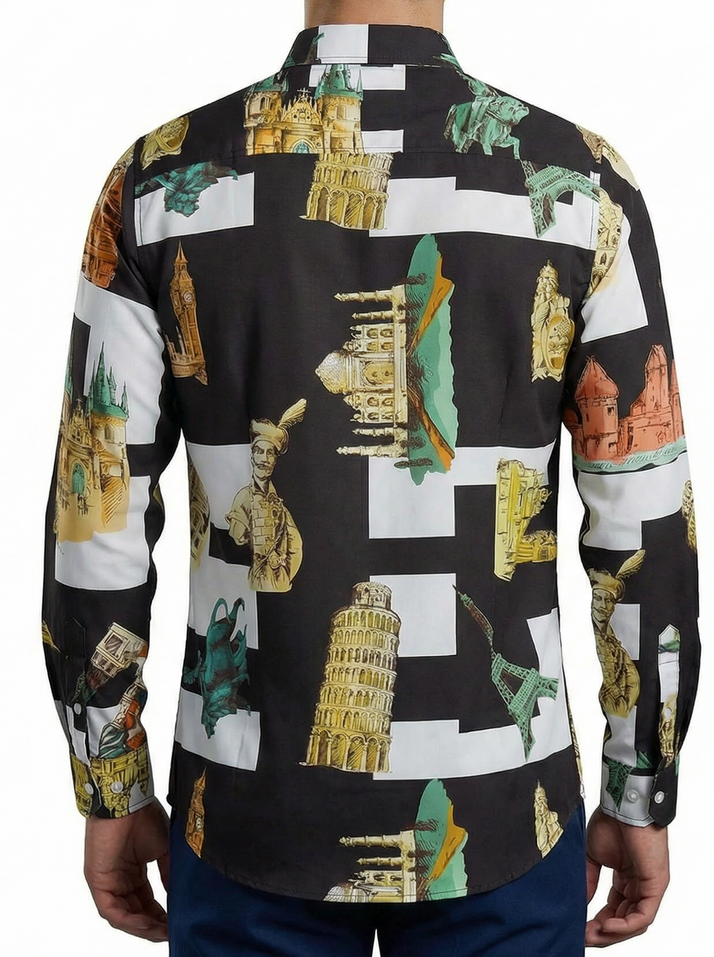 Camisa Hombre Casual Negro & Blancas estatua David Torre Eiffel
