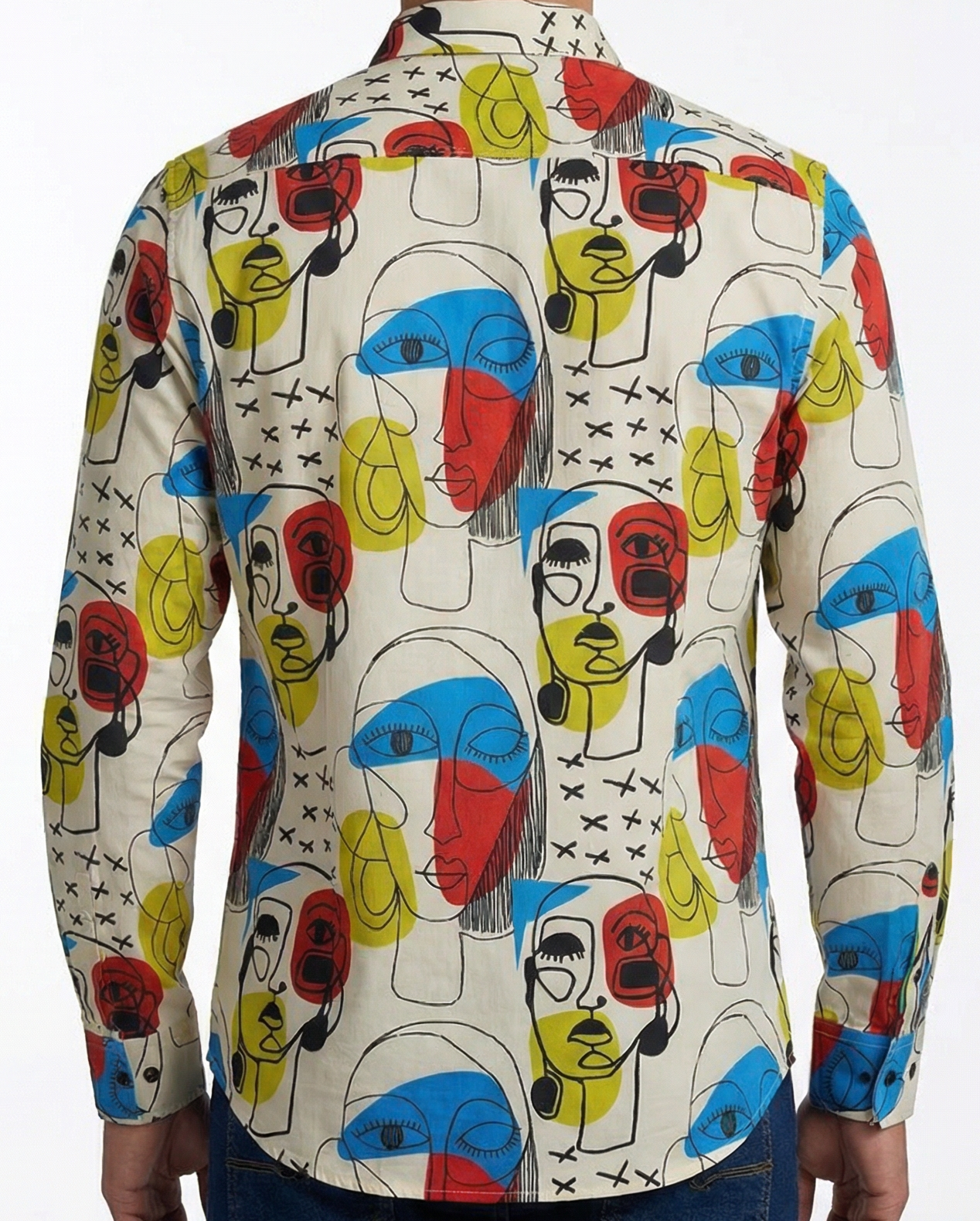 Camisa Hombre Casual Beige Pintura Mascara Abstracta Roja Azul Amarilla