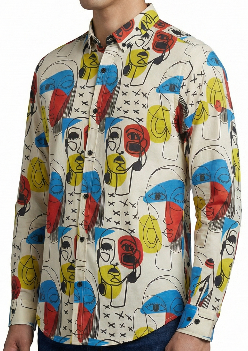 Camisa Hombre Casual Beige Pintura Mascara Abstracta Roja Azul Amarilla