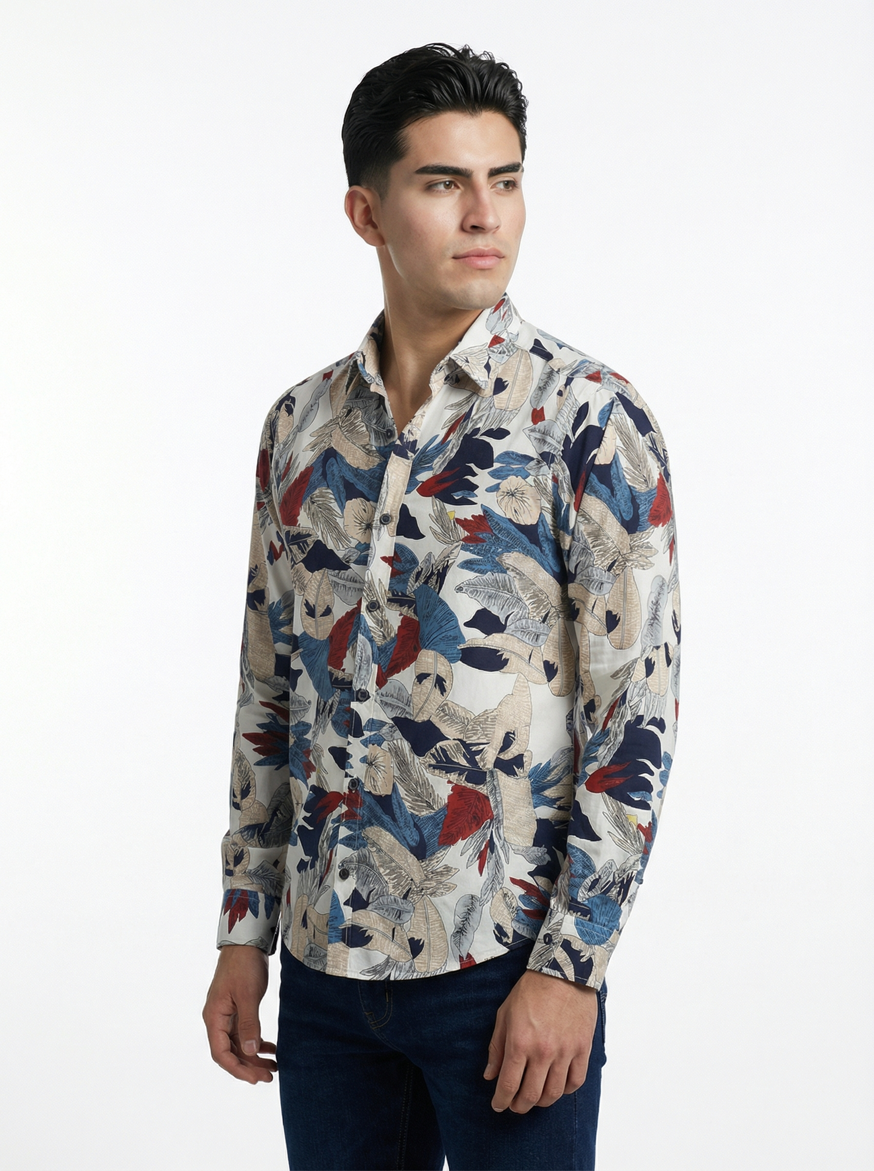Camisa Hombre Casual Blanca Hojas Colores