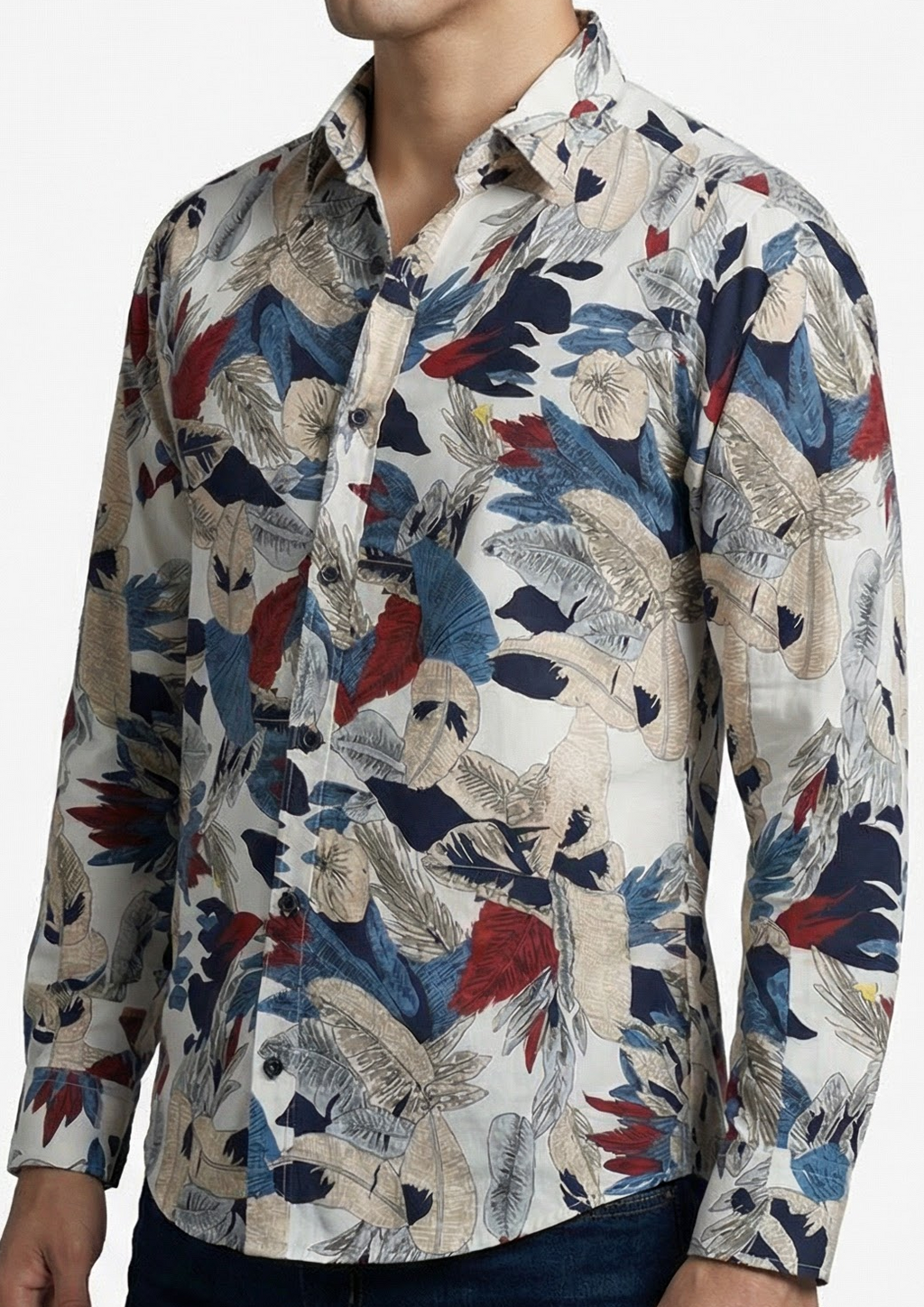 Camisa Hombre Casual Blanca Hojas Colores