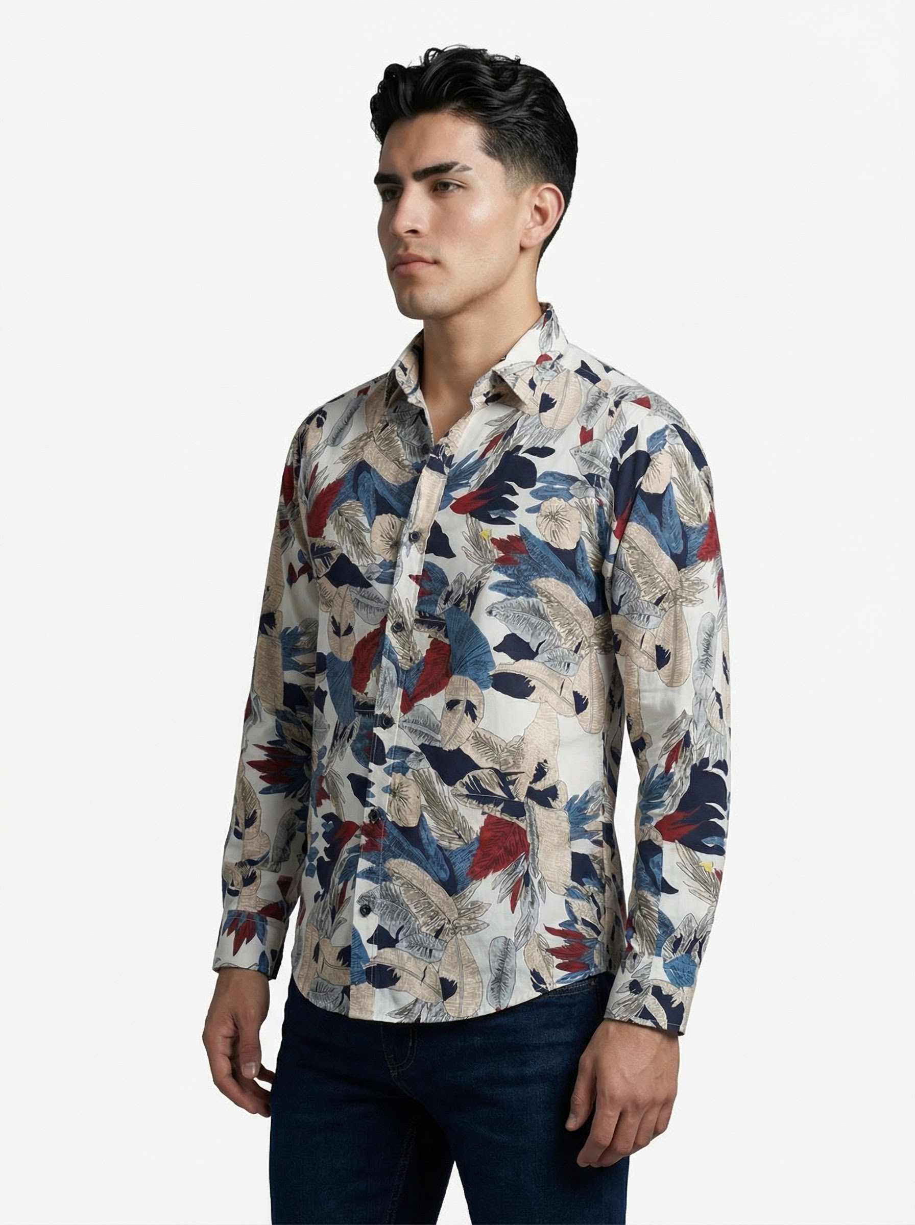 Camisa Hombre Casual Blanca Hojas Colores