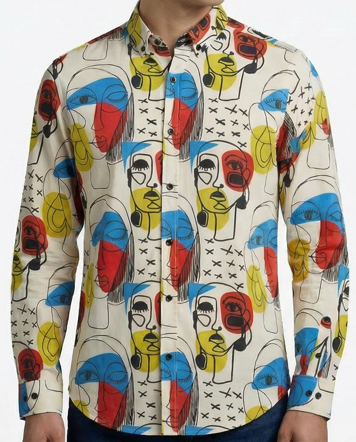 Camisa Hombre Casual Beige Pintura Mascara Abstracta Roja Azul Amarilla