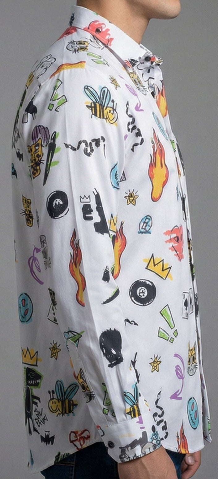 Camisa Hombre Casual Blanca Figuras Caricaturas Dinosaurio Fuego