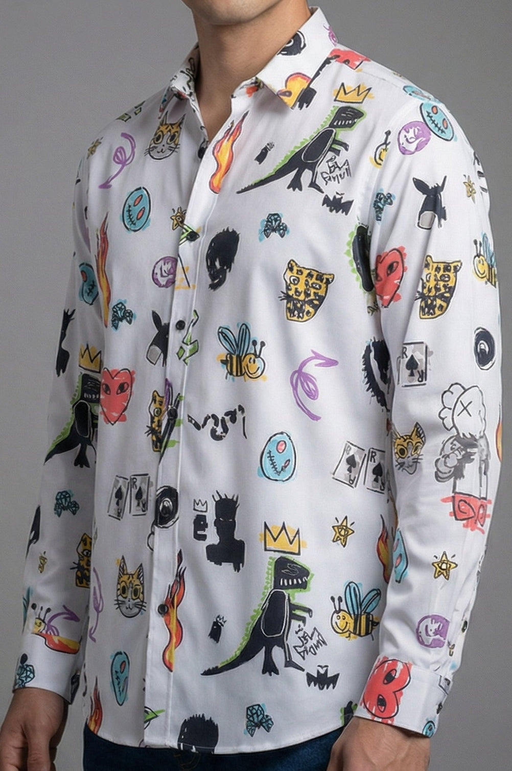 Camisa Hombre Casual Blanca Figuras Caricaturas Dinosaurio Fuego