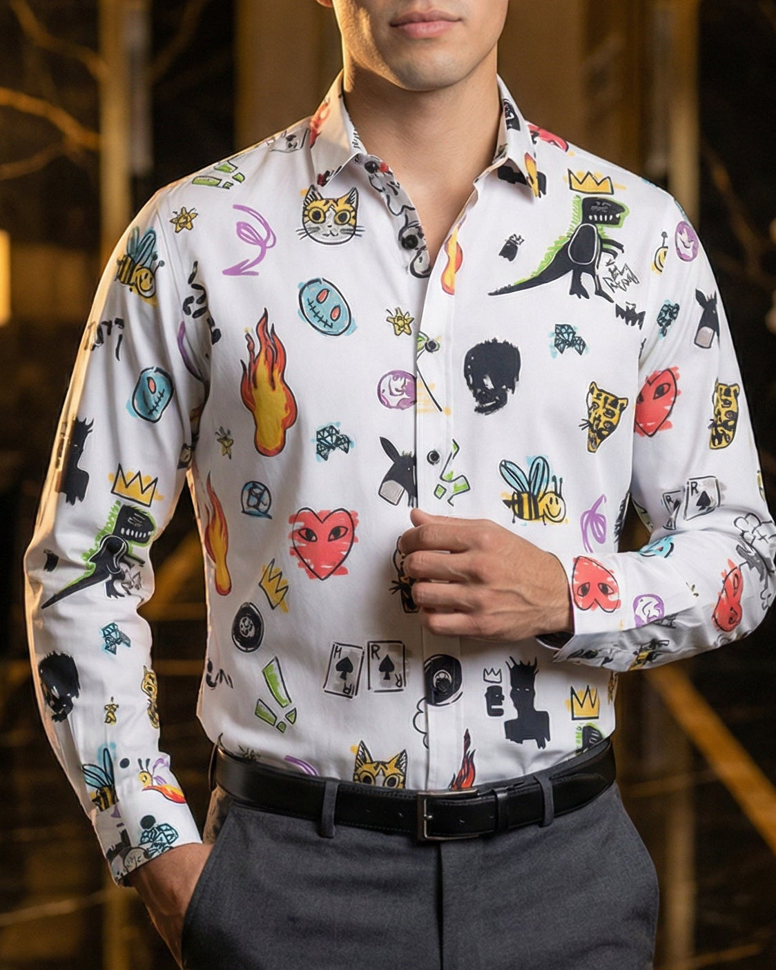 Camisa Hombre Casual Blanca Figuras Caricaturas Dinosaurio Fuego