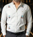 Camisa Hombre Casual Beige Figuras Mini Barcos