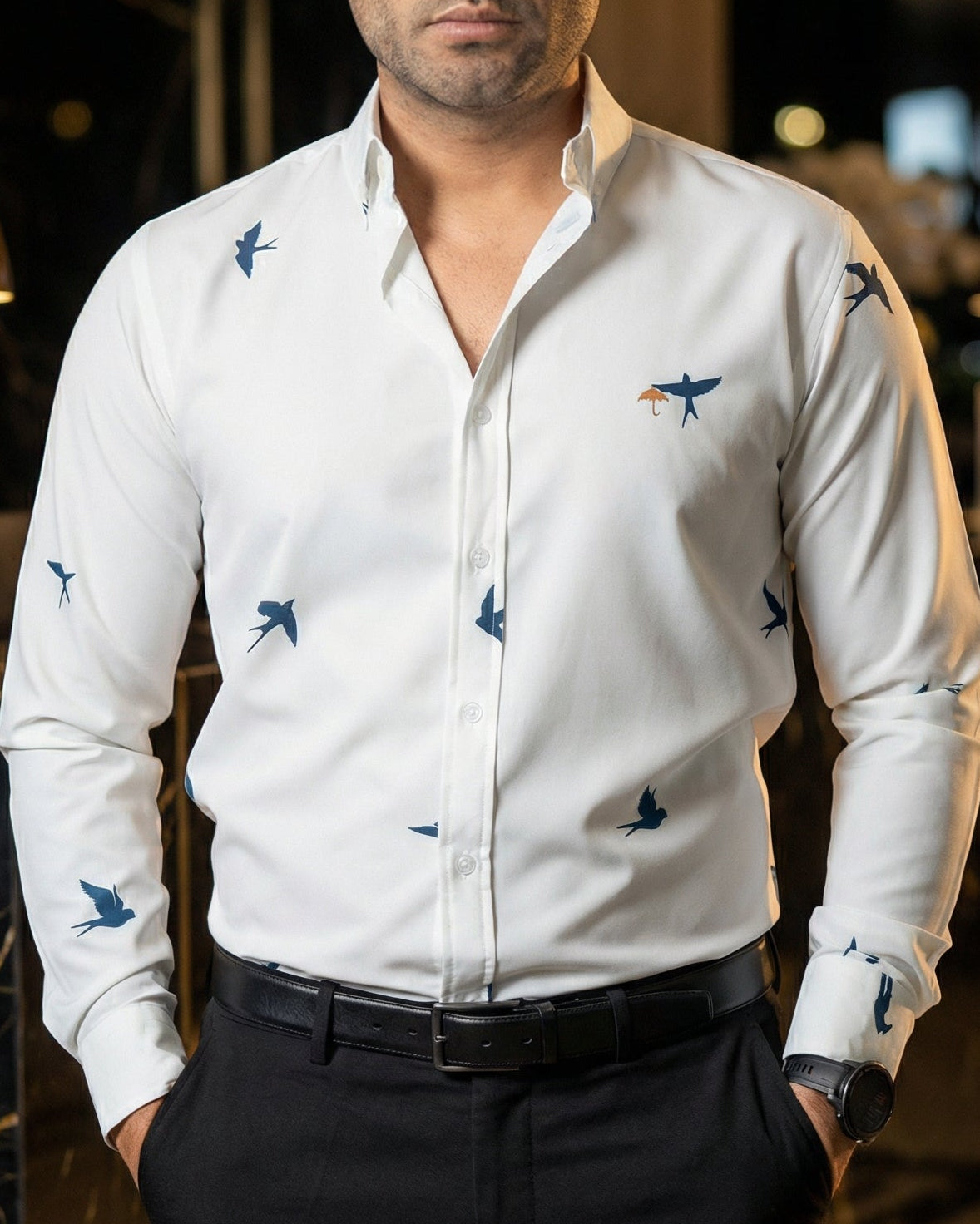 Camisa Hombre Casual Beige Claro Figuras Aves Marino