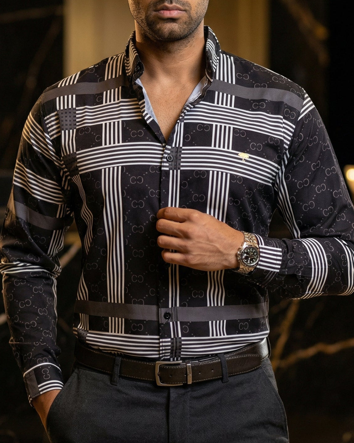 Camisa Hombre Casual Negra Rayas Blancas Figuras