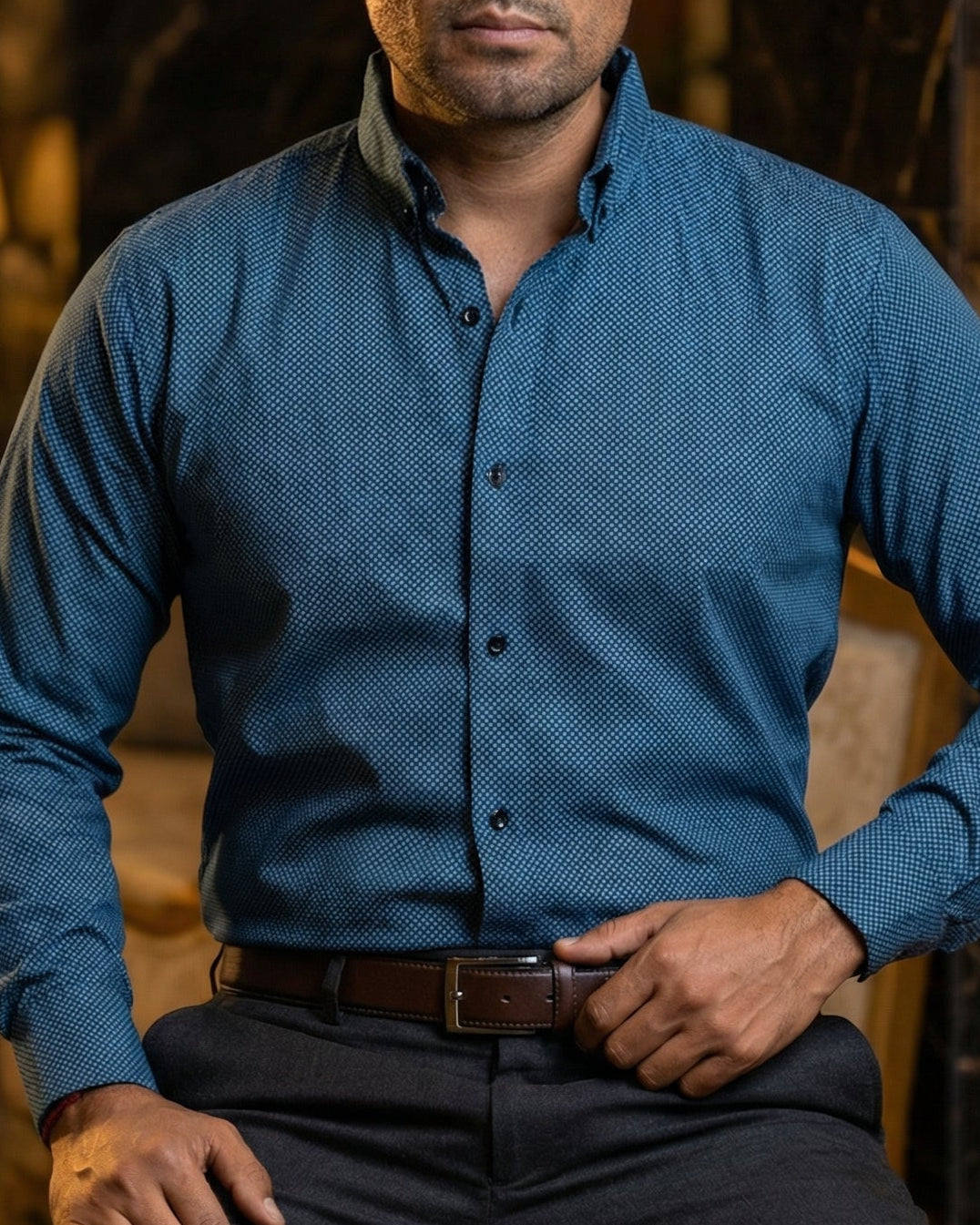 Camisa Hombre Casual Azul Mini Rombos Negros