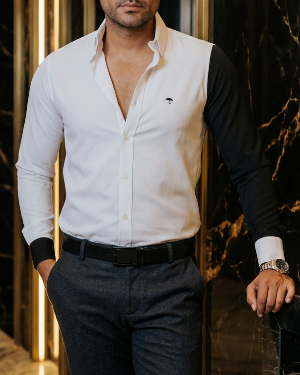 Camisa Hombre Lisa Blanca Manga Negra