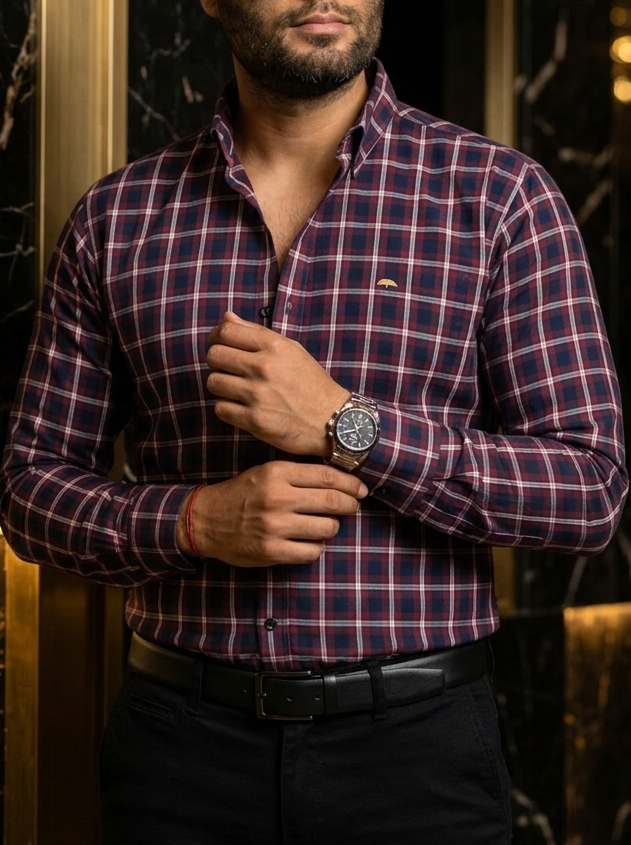 Camisa Hombre Casual Cuadros Vino, Azul Marino, Blancos