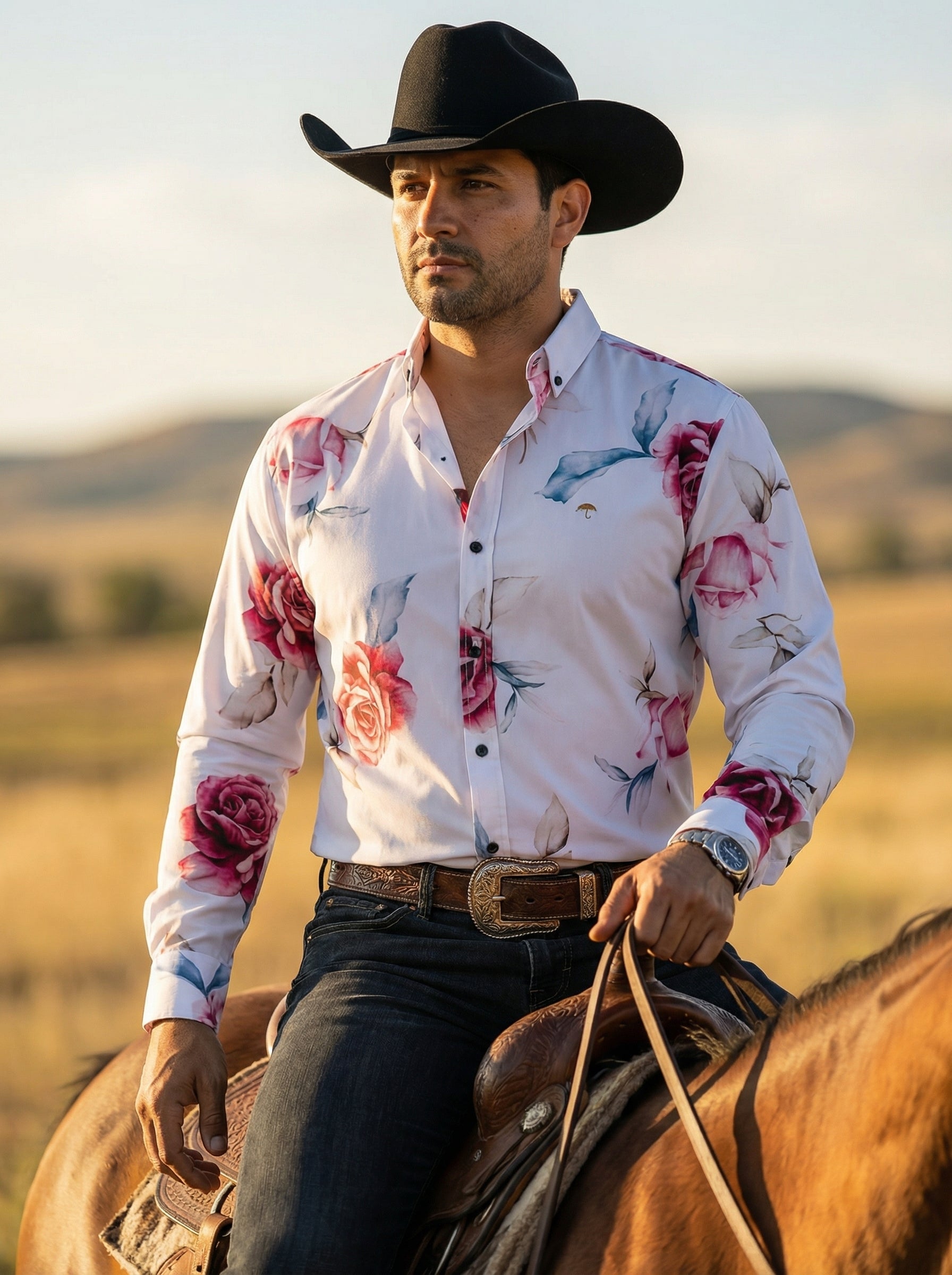 Camisa Hombre Casual Blanca Rosas