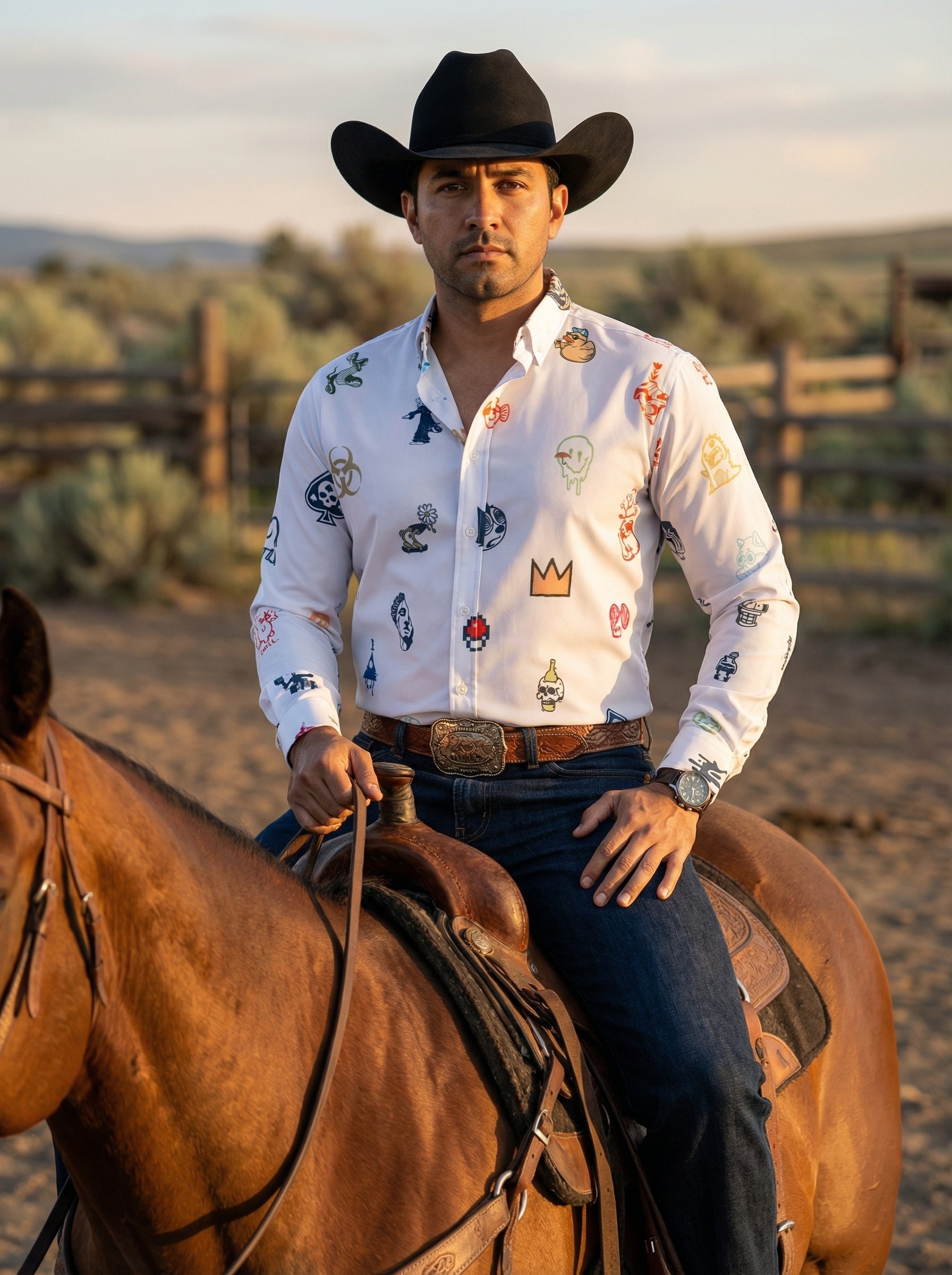 Camisa Hombre Casual Blanca Mini Figuras Colores