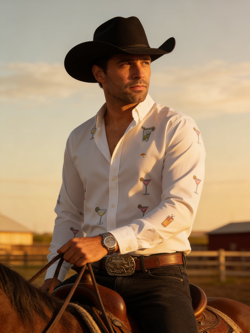 Camisa Hombre Casual Blanca Mini Figuras Bebidas Copas Tragos