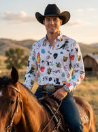 Camisa Hombre Casual Blanca Figuras Caricaturas Dinosaurio Fuego