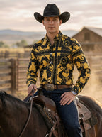 Camisa Hombre Casual Negra Floreada Insecto Dorado Barroco