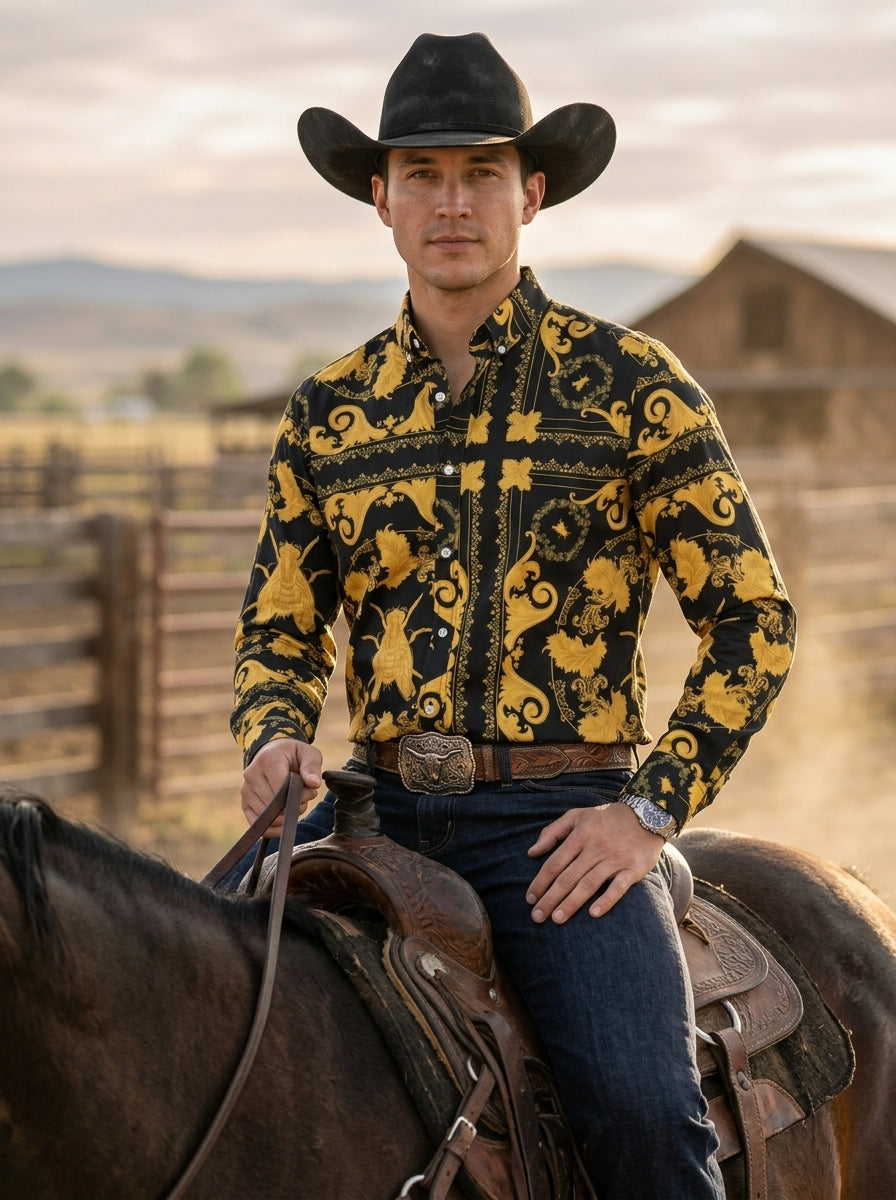 Camisa Hombre Casual Negra Floreada Insecto Dorado Barroco