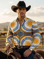 Camisa Hombre Casual Blanca Soles Figuras Doradas Azul