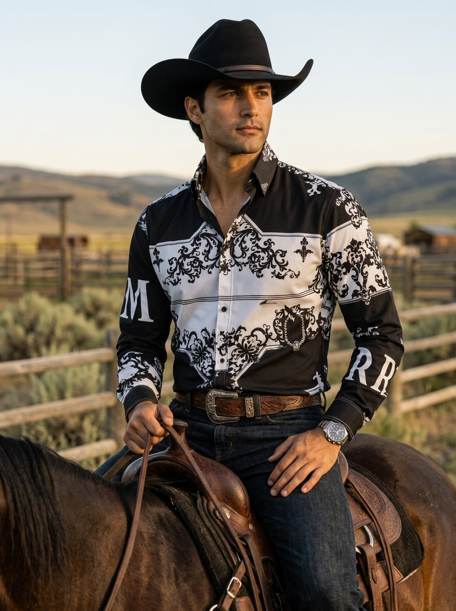 Camisa Hombre Casual Negra, Blanca Flores Barroco