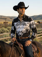 Camisa Hombre Casual Negra, Blanca Flores Barroco