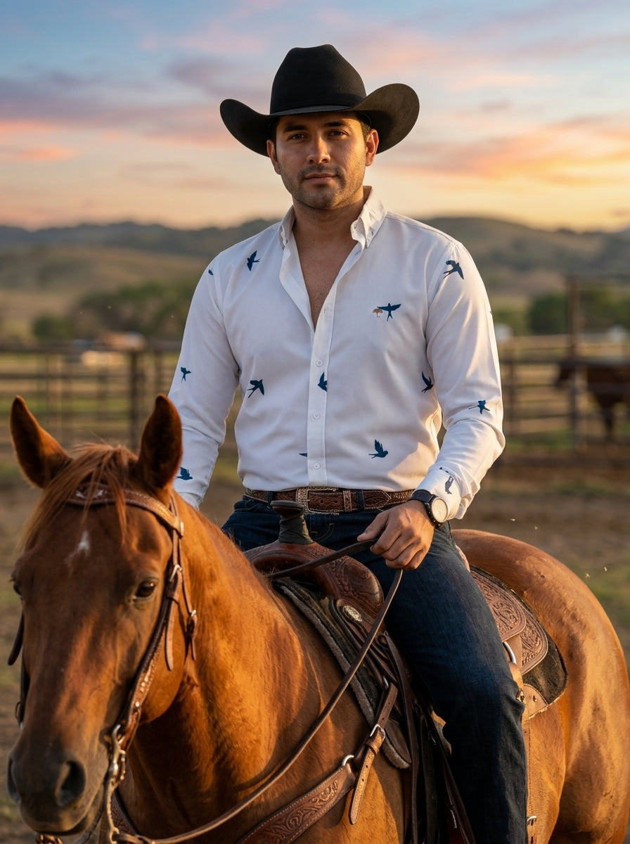 Camisa Hombre Casual Beige Claro Figuras Aves Marino