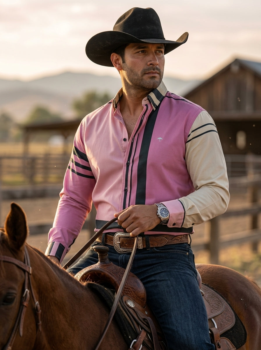 Camisa Hombre Casual Rosa Amarillo Franjas Negras