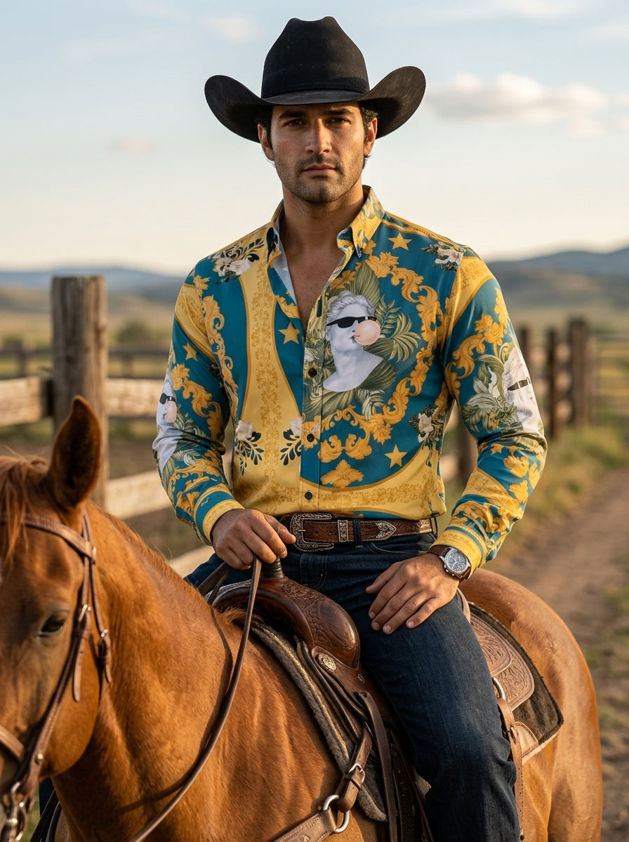 Camisa Hombre Casual Amarilla Verde Floreada Escultura David